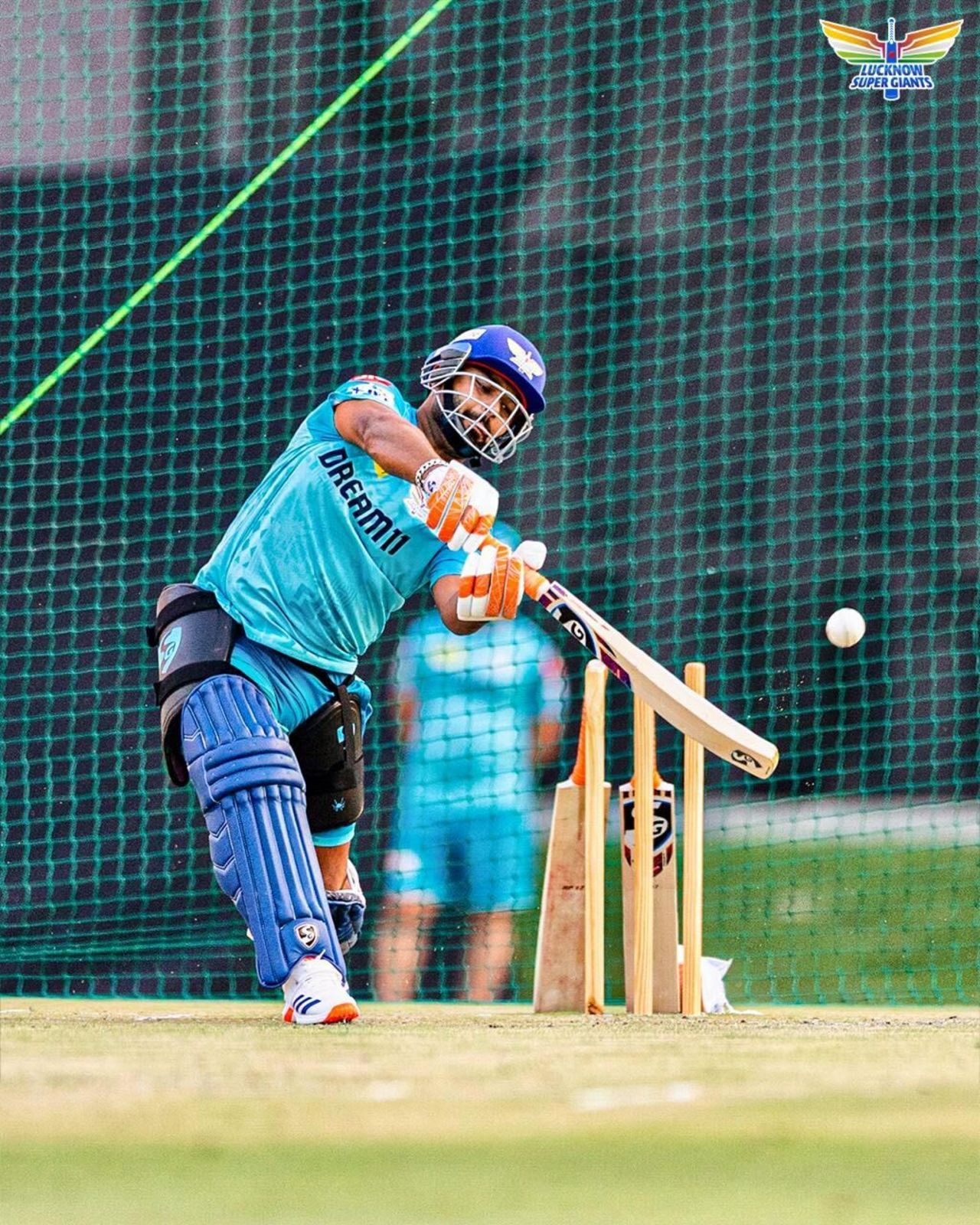 Rishabh Pant bashes the ball during a nets session, Lucknow, March 16, 2025