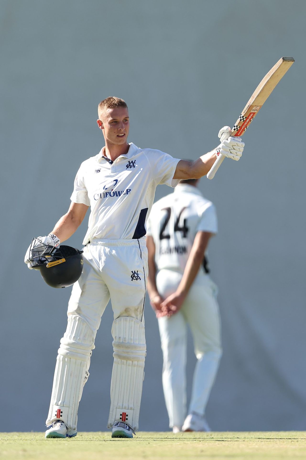 Campbell Kellaway celebrates his second Shield century, Western Australia vs Victoria, Sheffield Shield, WACA ground, March 17, 2025