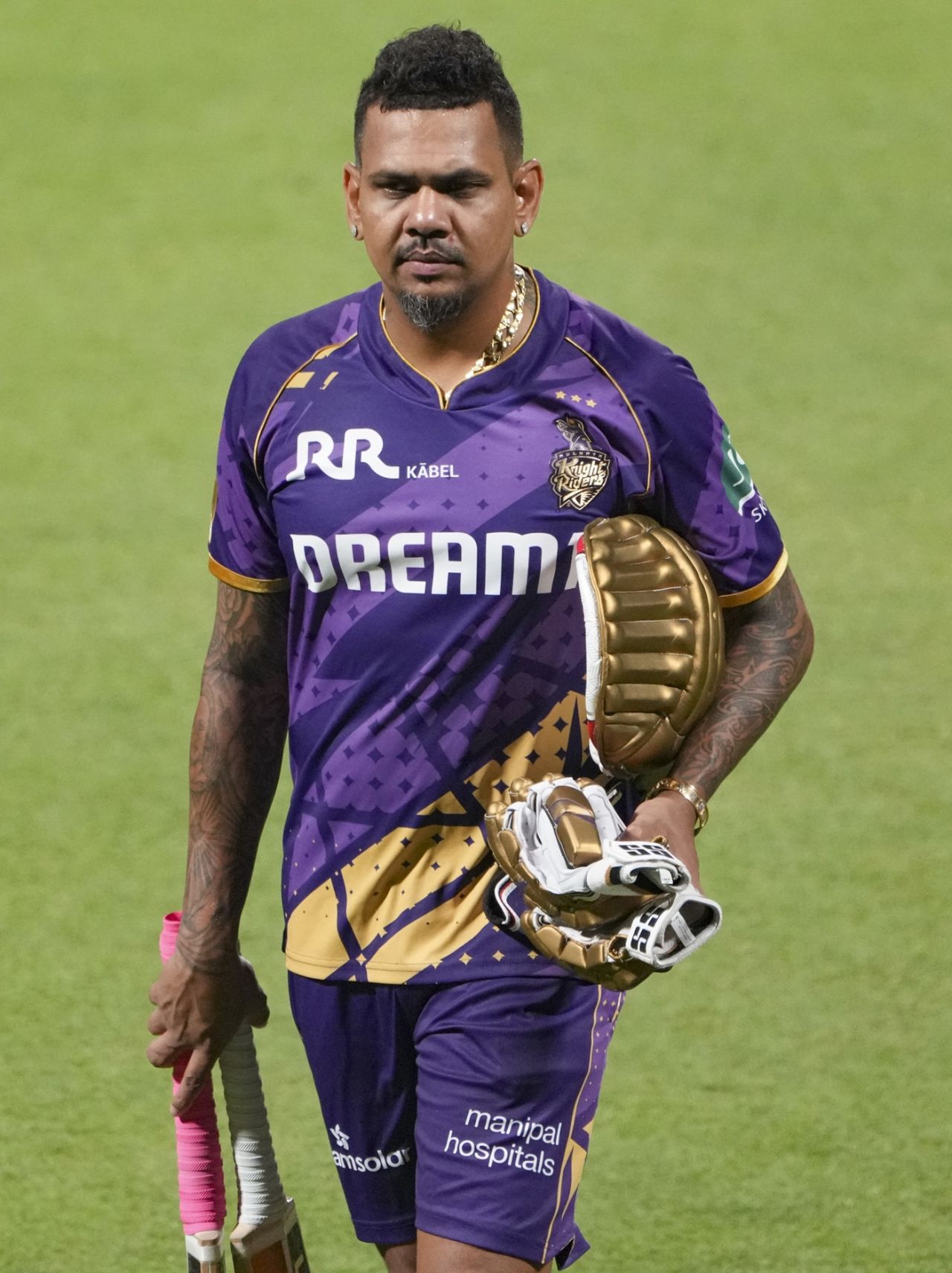 Sunil Narine prepares to bat at the nets, Kolkata, March 17, 2025