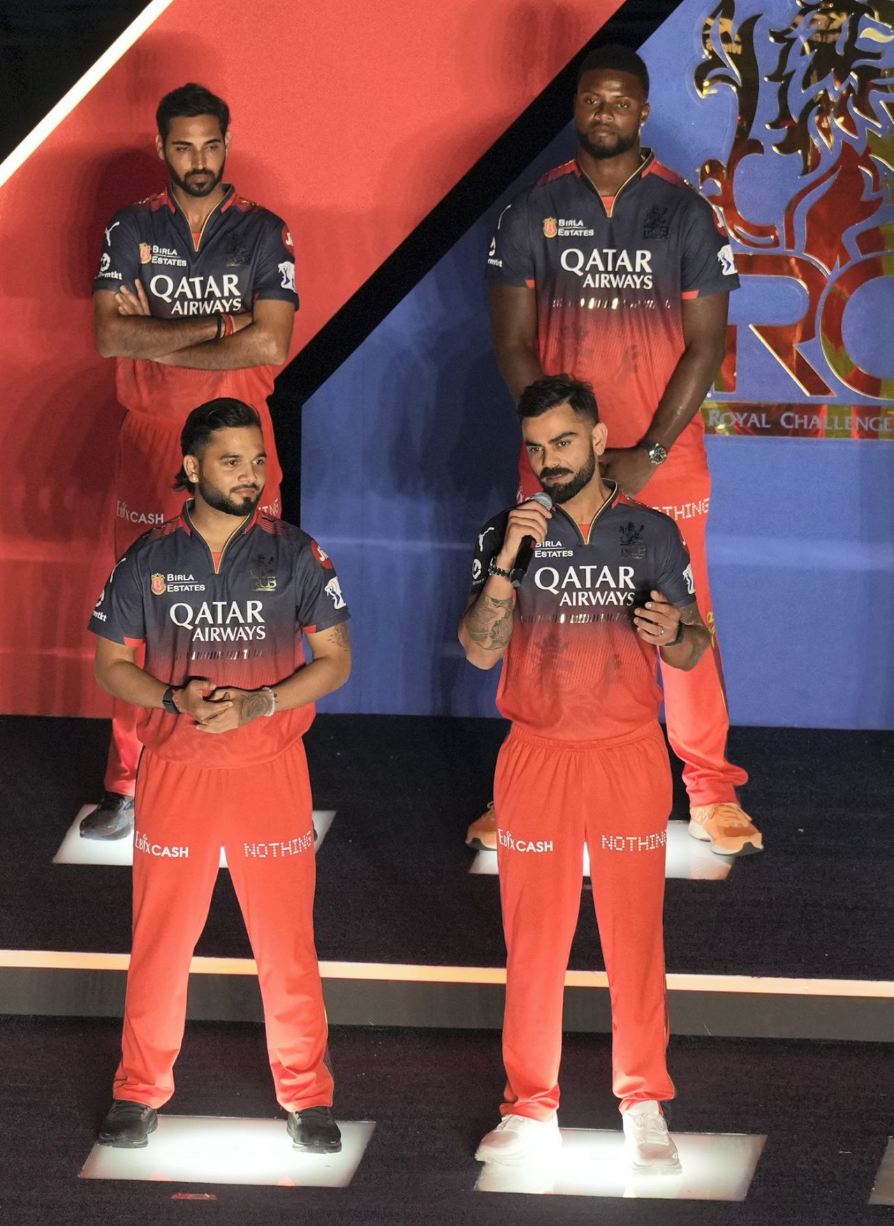 Bhuvneshwar Kumar, Romario Shepherd, Suyash Sharma and Virat Kohli at RCB unbox event, Bengaluru, March 17, 2025