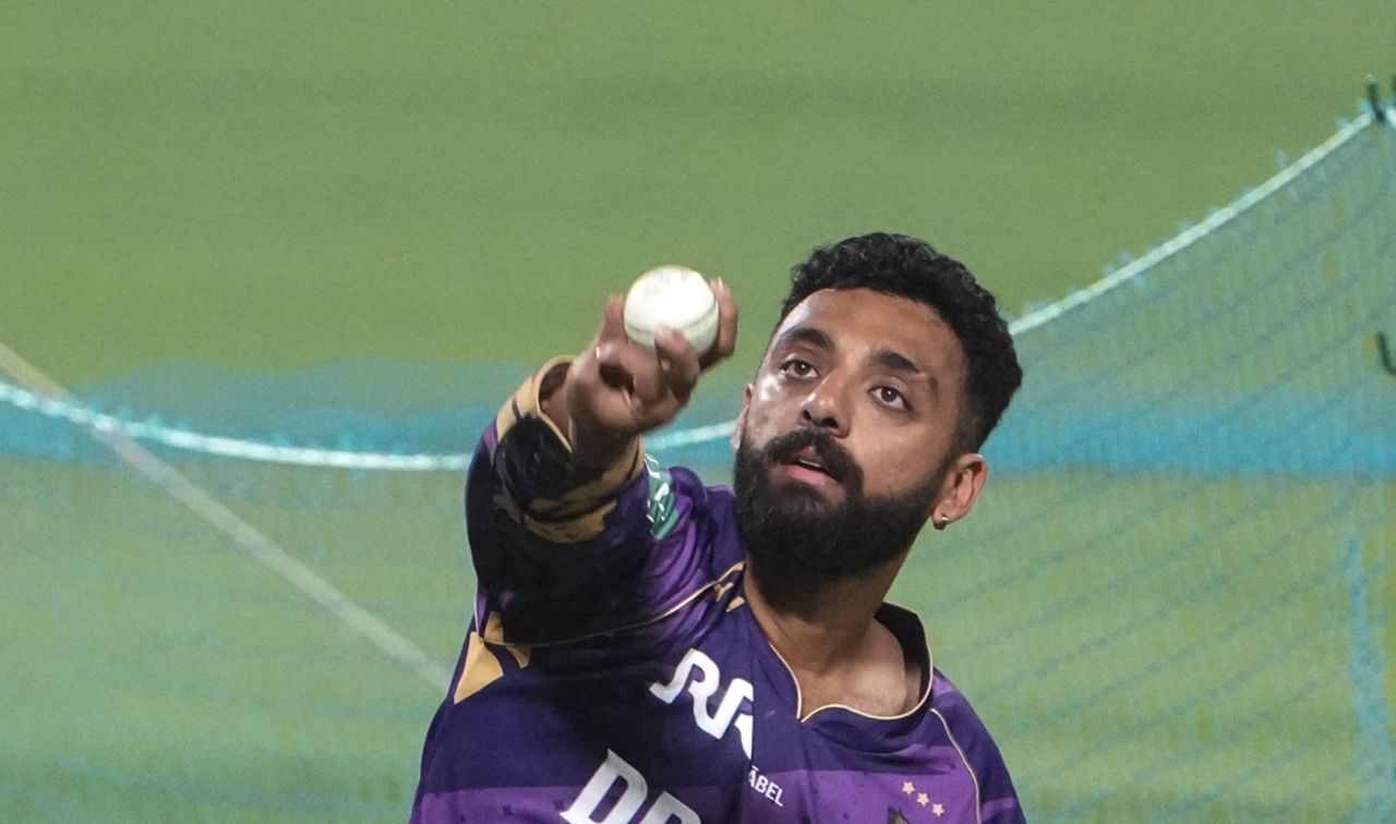 Varun Chakravarthy bowls at the KKR nets, Kolkata, March 18, 2025