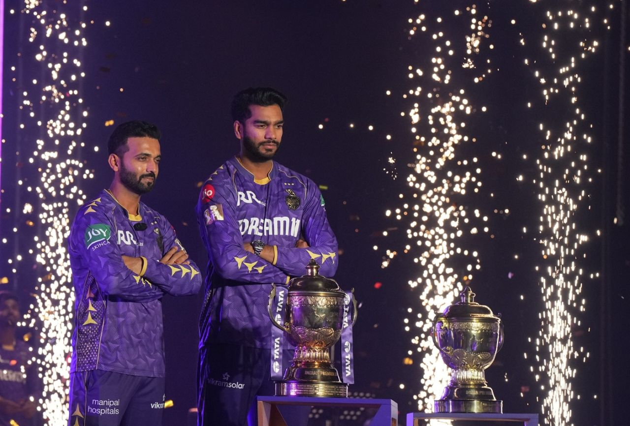 Ajinkya Rahane and Venkatesh Iyer pose with KKR's IPL trophies, Kolkata, March 19, 2025
