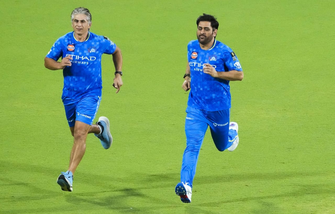Tommy Simsek and MS Dhoni during a training session , Chennai, March 20, 2025