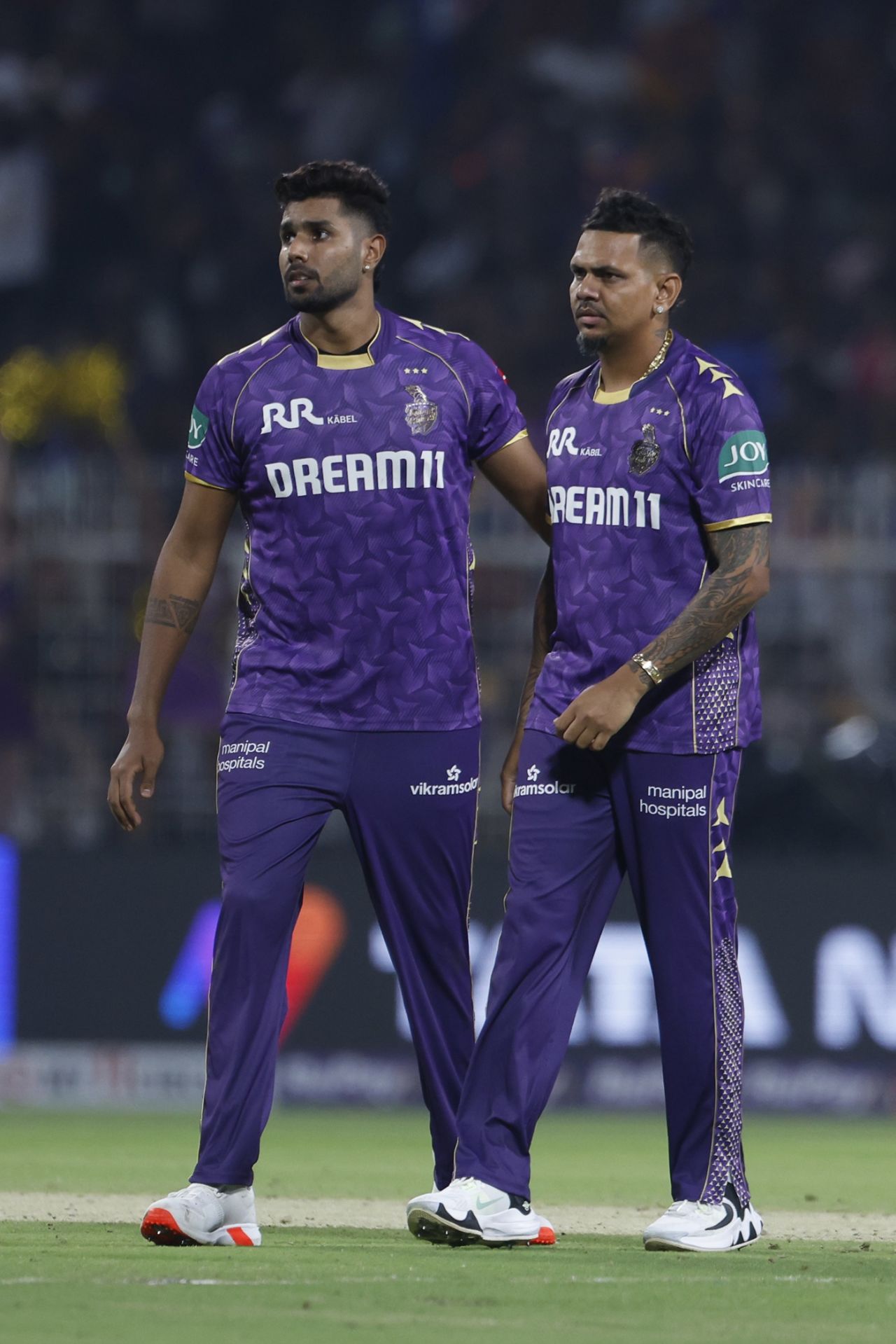 Harshit Rana endured a wicketless night while Sunil Narine was the pick of the KKR bowlers, Kolkata Knight Riders vs Royal Challengers Bengaluru, IPL 2025, Kolkata, March 22, 2025