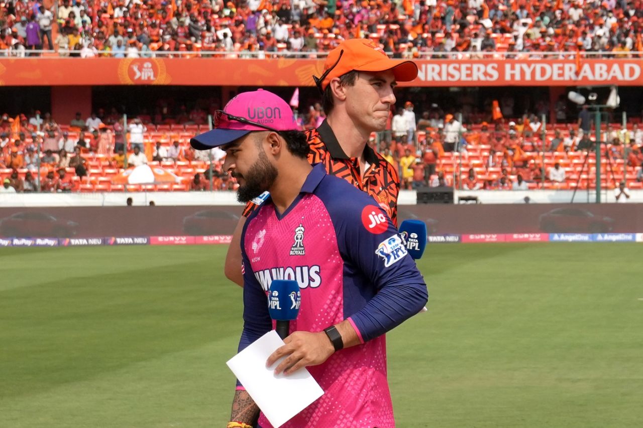 Captains Riyan Parag and Pat Cummins at the toss, Sunrisers Hyderabad vs Rajasthan Royals, IPL 2025, Hyderabad, March 23, 2025