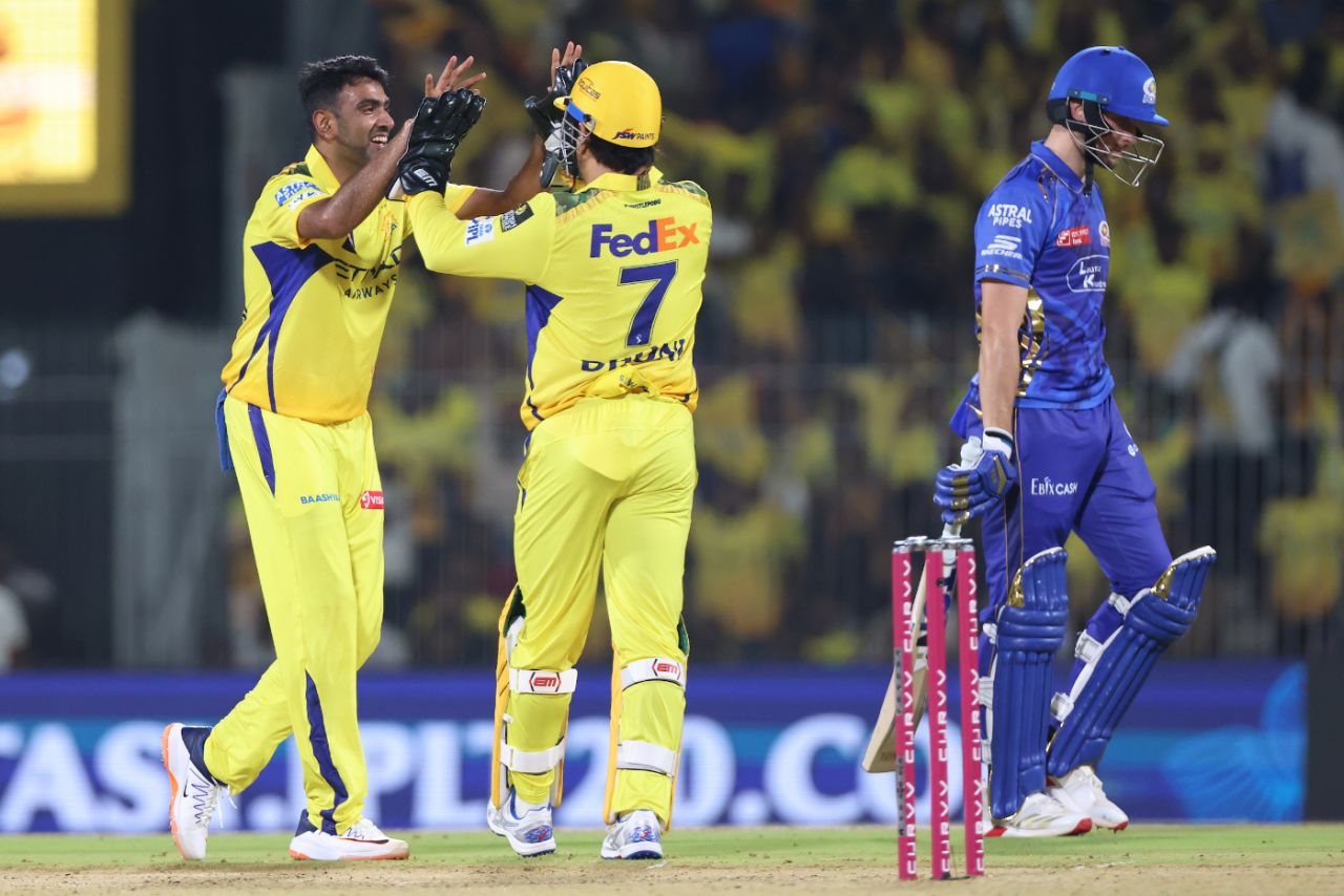R Ashwin is all smiles after claiming Will Jacks in his first over back for CSK, Chennai Super Kings vs Mumbai Indians, IPL 2025, Chennai, March 23, 2025