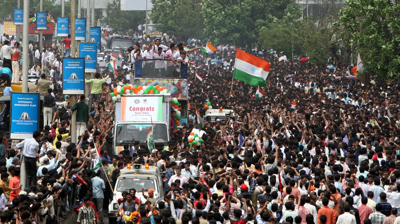 India's World Twenty20-winning team during an open-top bus parade through Mumbai, 26 September 2007