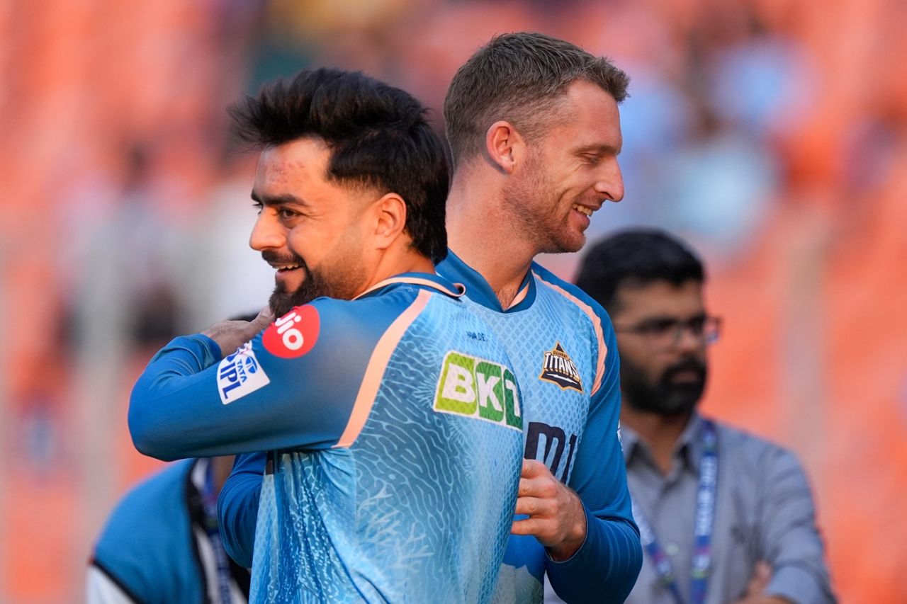 Jos Buttler and Rashid Khan, two senior pros at a new-look Gujarat Titans, warm up, Gujarat Titans vs Punjab Kings, IPL 2025, March 25, 2025, Ahmedabad