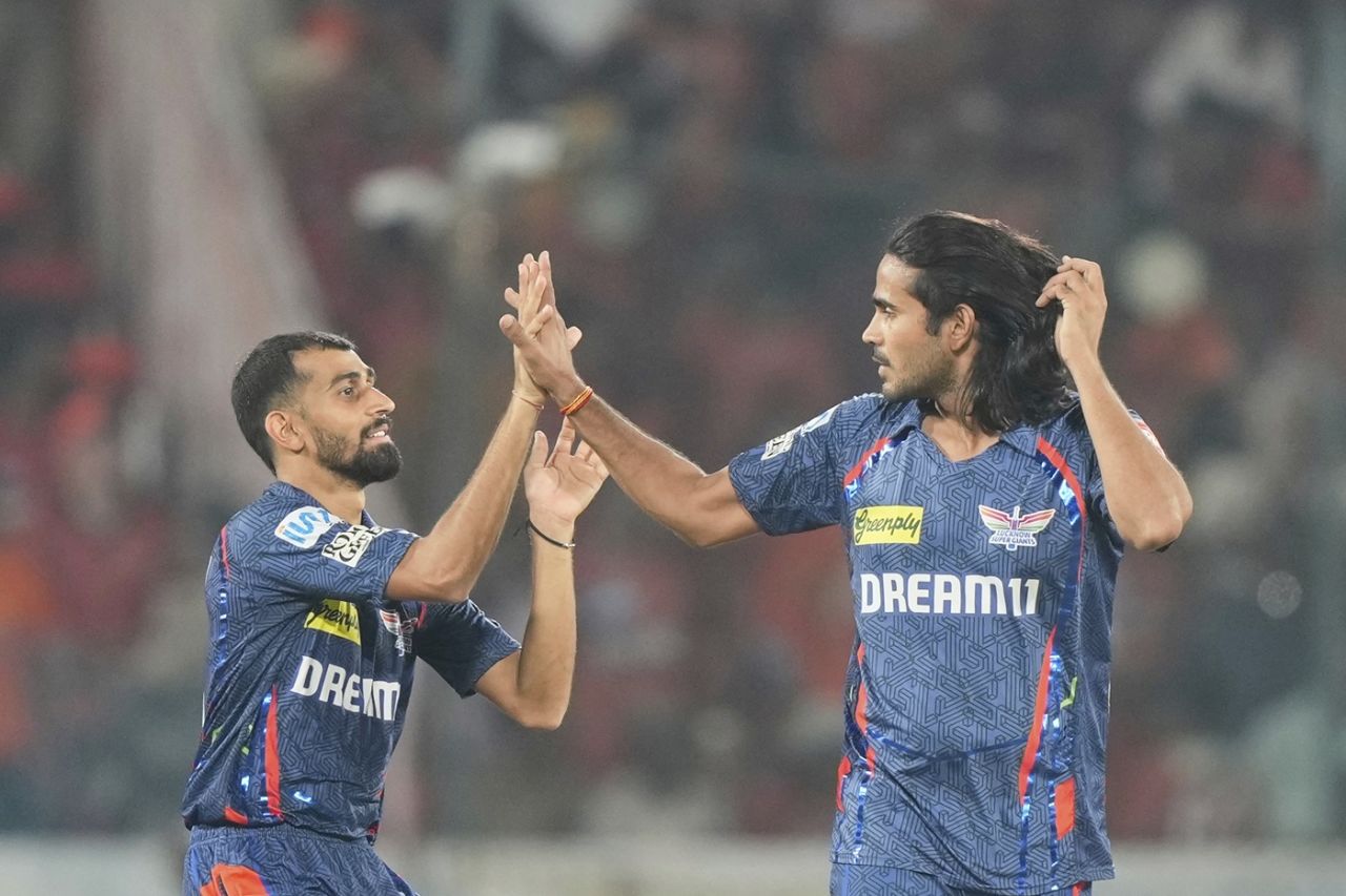 Prince Yadav and Digvesh Rathi celebrate a wicket, Sunrisers Hyderabad vs Lucknow Super Giants, IPL 2025, Hyderabad, March 27, 2025