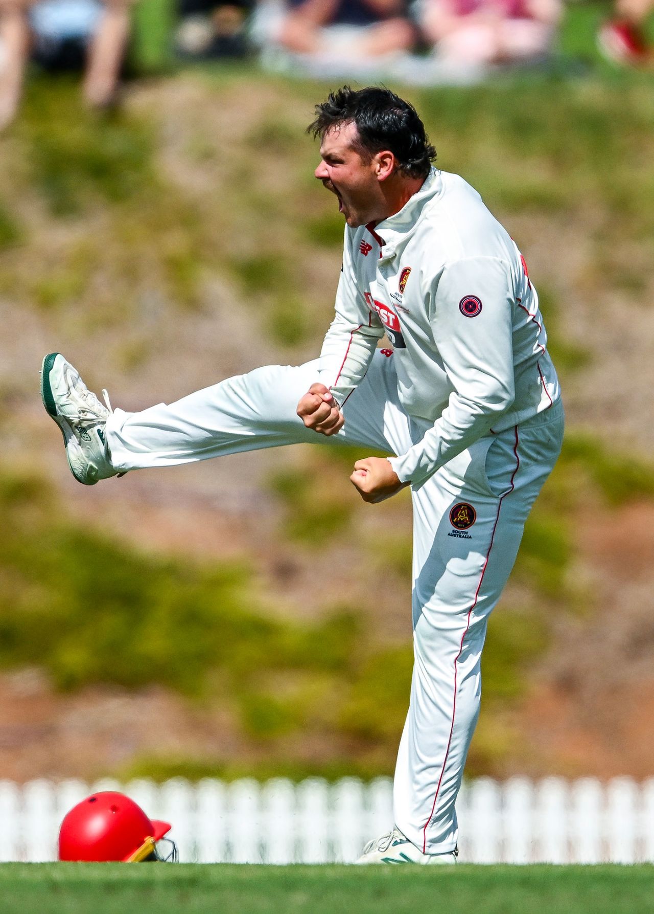 Ben Manenti was pumped after trapping Jack Clayton lbw, South Australia vs Queensland, Sheffield Shield final, Karen Rolton Oval, March 28, 2025