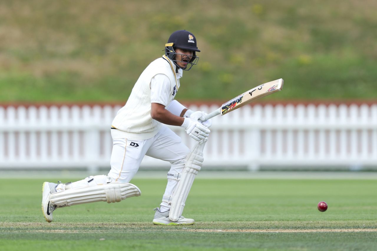 Muhammad Abbas plays it to the off side, Wellington vs Otago, 1st day, Plunket Shield, Wellington, March 5, 2025
