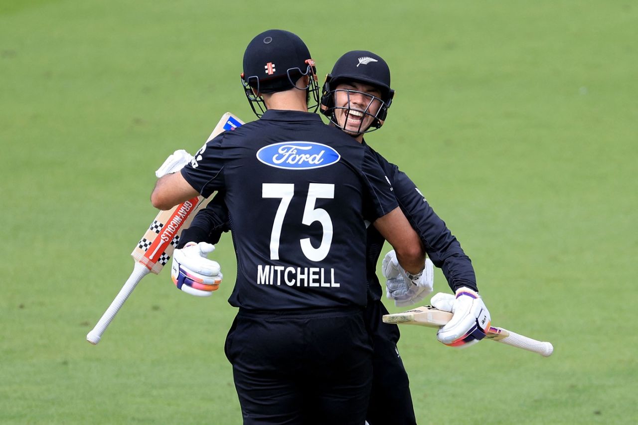 Mark Chapman and Daryl Mitchell embrace, New Zealand vs Pakistan, 1st ODI, Napier, March 29, 2025