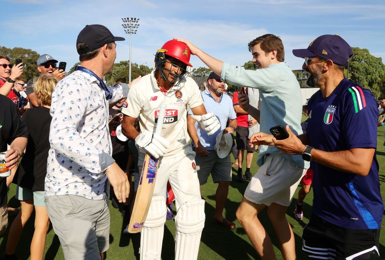 Fans mobbed Jason Sangha after he hit the winning runs, South Australia vs Queensland, Sheffield Shield final, Karen Rolton Oval, March 29, 2025