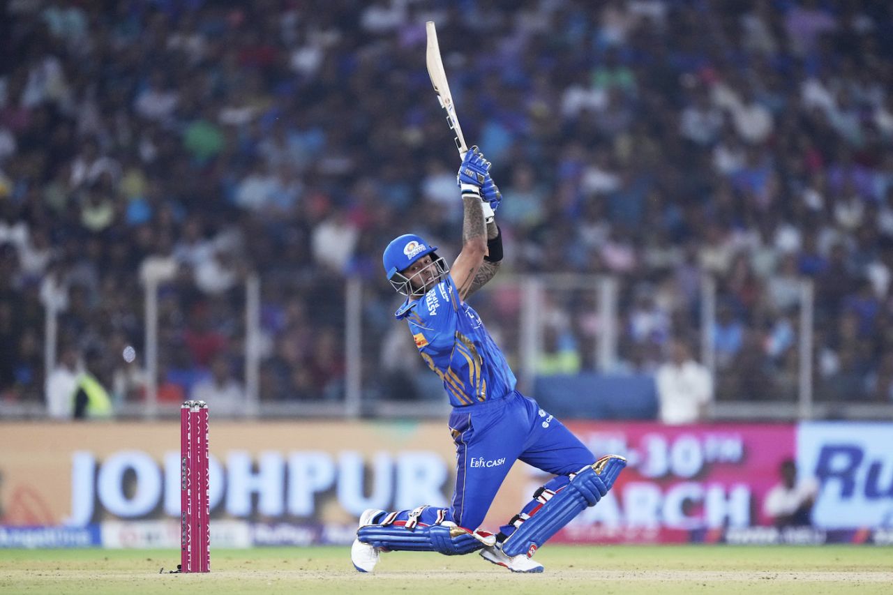 Suryakumar Yadav plays his version of the cover drive, Gujarat Titans vs Mumbai Indians, IPL 2025, Ahmedabad, March 29, 2025