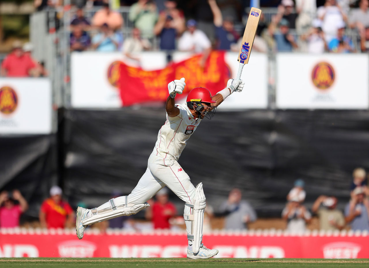 Jason Sangha raises his arms aloft as he scores the winning runs, South Australia vs Queensland, Sheffield Shield final, Karen Rolton Oval, March 29, 2025