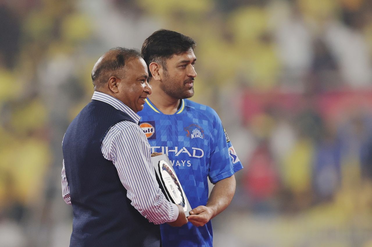 MS Dhoni was felicitated by Devajit Saikia, Secretary of BCCI, Chennai Super Kings vs Rajasthan Royals, IPL 2025, Guwahati, March 30, 2025