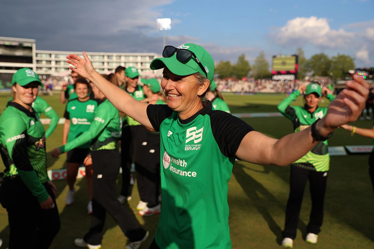 Charlotte Edwards celebrates after her team clinched a narrow victory, Southern Brave vs Trent Rockets, Women's Hundred eliminator, Ageas Bowl, September 2, 2022