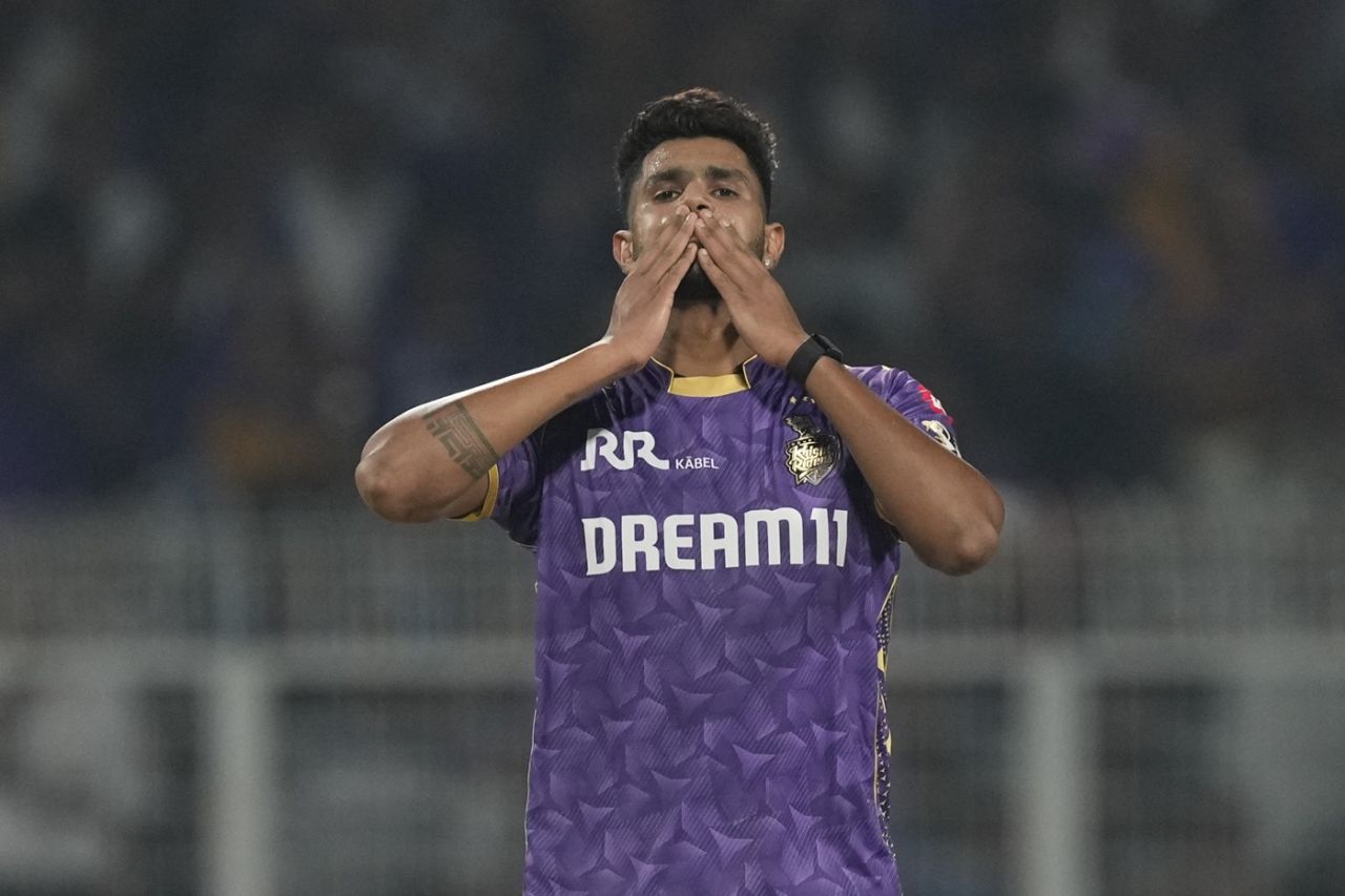 Harshit Rana celebrates Abhishek Sharma's wicket, Kolkata Knight Riders vs Sunrisers Hyderabad, IPL 2025, Kolkata, April 3, 2025