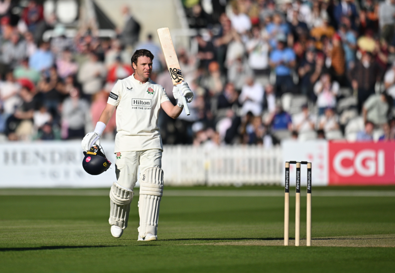 Marcus Harris raises his bat to acknowledge his century on debut, Middlesex vs Lancashire, County Championship, Division Two, Lord's, 2nd day, April 5, 2025