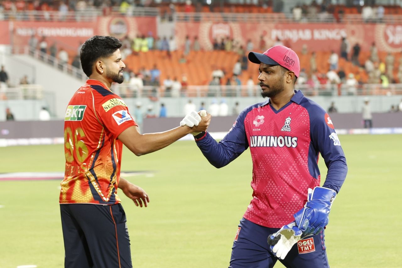 The two captains - Shreyas Iyer and Sanju Samson - after the fixture, Punjab Kings vs Rajasthan Royals, IPL 2025, Mullanpur, April 5, 2025