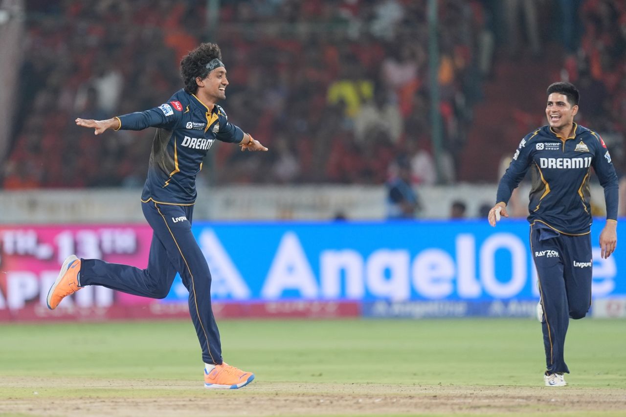 R Sai Kishore wheels away after getting rid of Heinrich Klaasen, Sunrisers Hyderabad vs Gujarat Titans, IPL 2025, Hyderabad, April 6, 2025