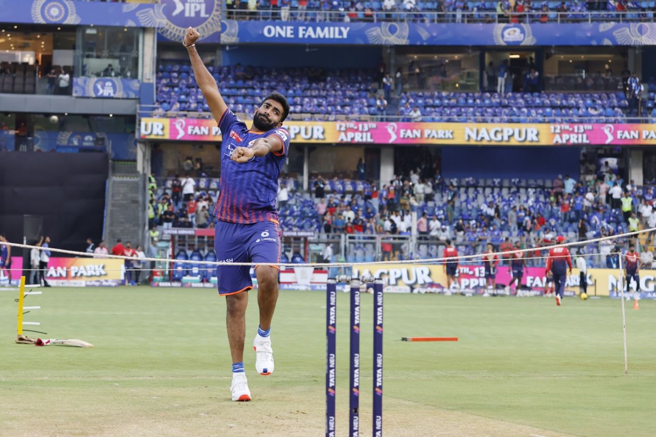Jasprit Bumrah warms up ahead of what will be his first competitive match in close to three months, Mumbai Indians vs Royal Challengers Bengaluru, IPL 2025, Wankhede, April 7, 2025