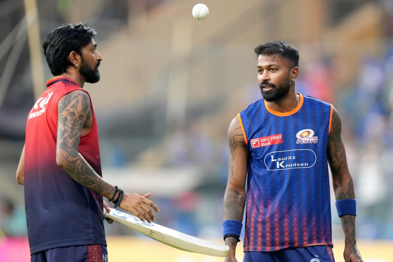 Krunal Pandya catches up with his brother Hardik Pandya at the Wankhede, Mumbai Indians vs Royal Challengers Bengaluru, IPL 2025, Wankhede, April 7, 2025