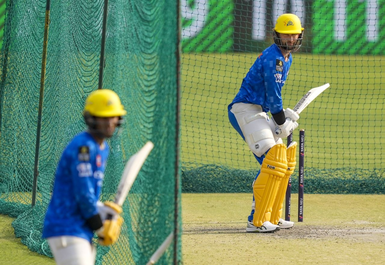 Rachin Ravindra and Devon Conway bat at the nets in Mullanpur, Punjab Kings vs Chennai Super Kings, Mullanpur, July 4, 2025