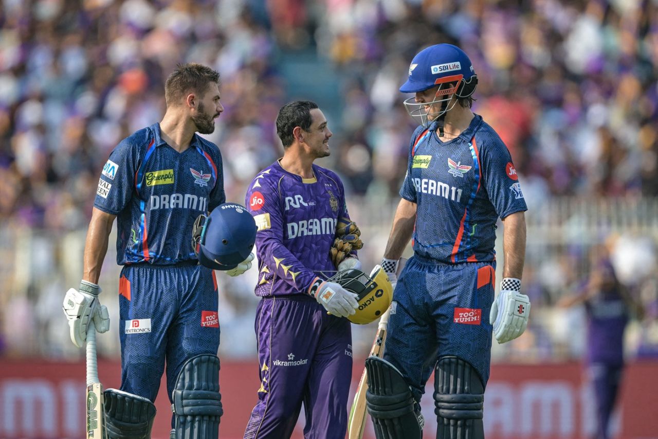In the searing heat, Aiden Markram, Quinton de Kock and Mitchell Marsh find some chill time, Kolkata Knight Riders vs Lucknow Super Giants, IPL 2025, Kolkata, April 8, 2025
