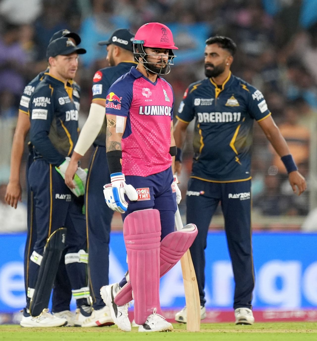 Riyan Parag walks back after his review failed to overturn a caught-behind decision, Gujarat Titans vs Rajasthan Royals, IPL 2025, Ahmedabad, April 9, 2025