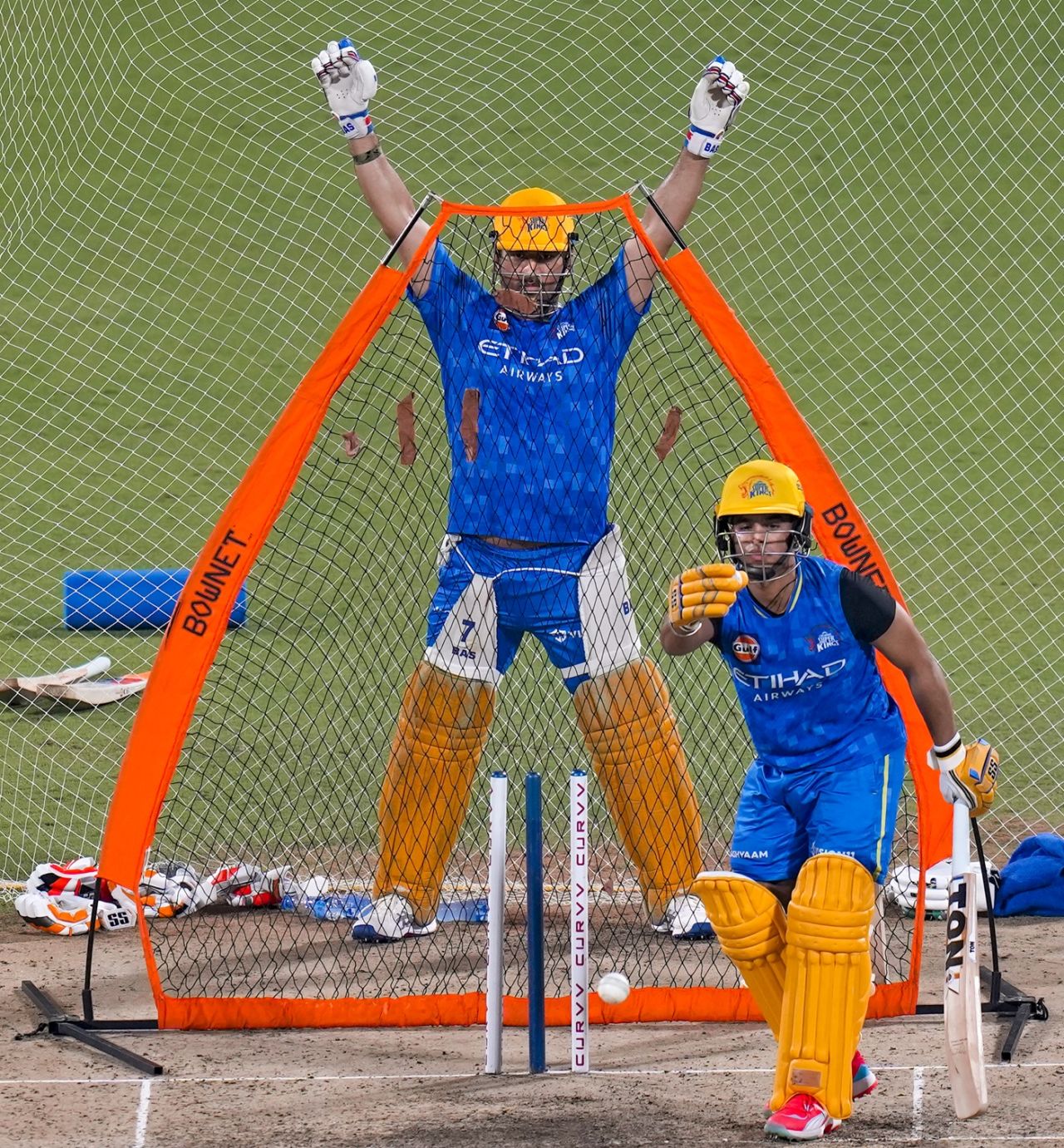 Vansh Bedi bats in the nets with MS Dhoni keeping an eye on him, Chennai Super Kings vs Kolkata Knight Riders, IPL 2025, Chennai, April 11, 2025