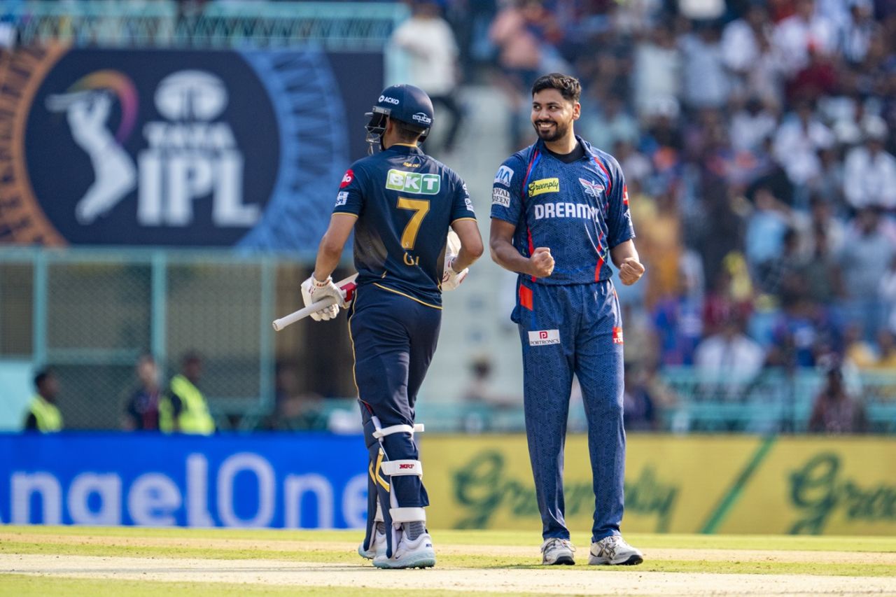 Avesh Khan celebrates after getting rid of Shubman Gill, Lucknow Super Giants vs Gujarat Titans, IPL 2025, Lucknow, April 12, 2025