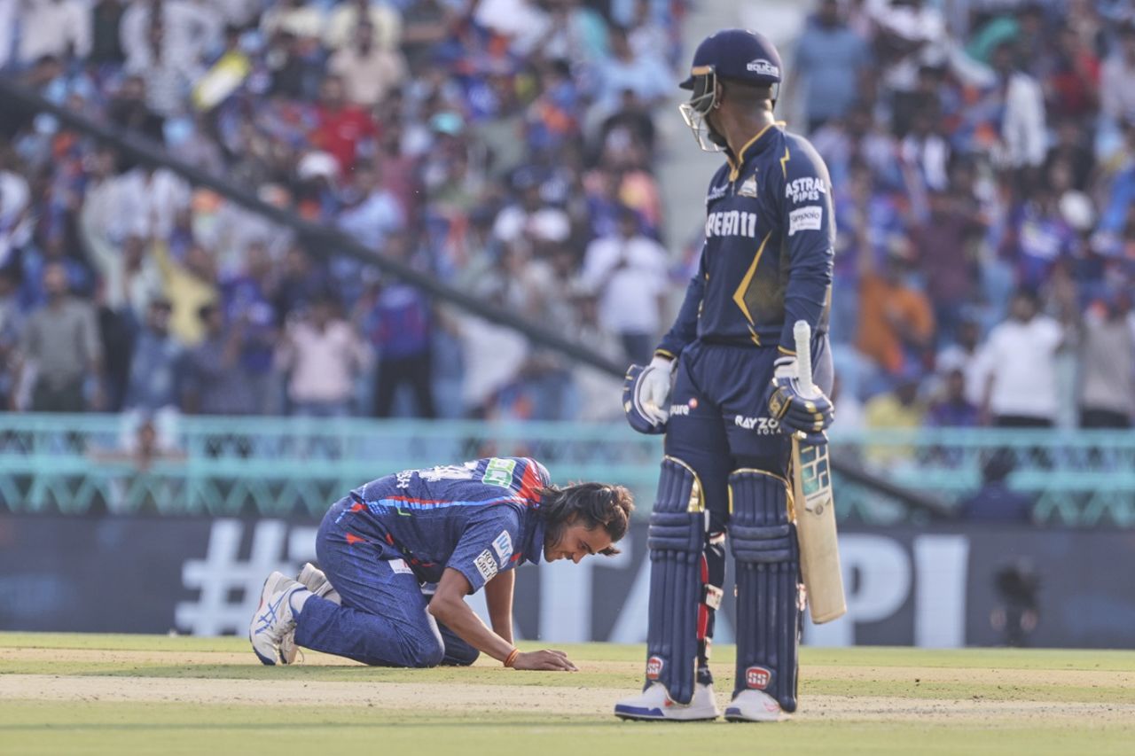 Digvesh Rathi brings out his signature celebration as Sherfane Rutherford looks on, Lucknow Super Giants vs Gujarat Titans, IPL 2025, Lucknow, April 12, 2025