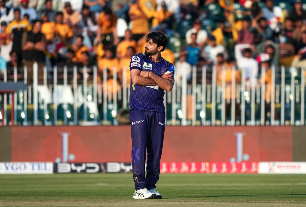 Abrar Ahmed strikes his wicket celebration pose, Peshawar Zalmi vs Quetta Gladiators, Rawalpindi, PSL 2025, April 12, 2025