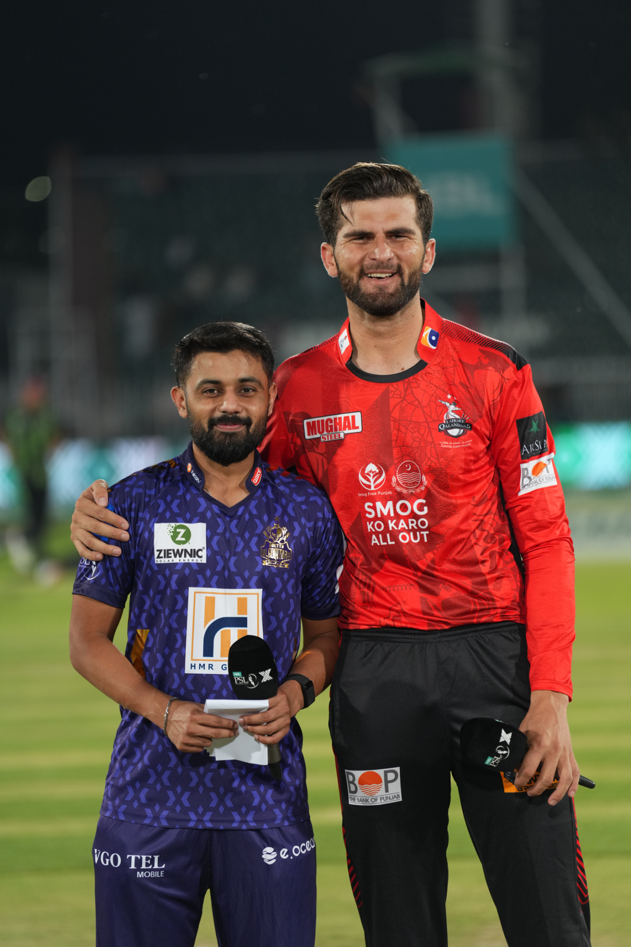 Saud Shakeel and Shaheen Shah Afridi at the toss, Lahore Qalandars vs Quetta Gladiators, PSL 2025, Rawalpindi, April 13, 2025