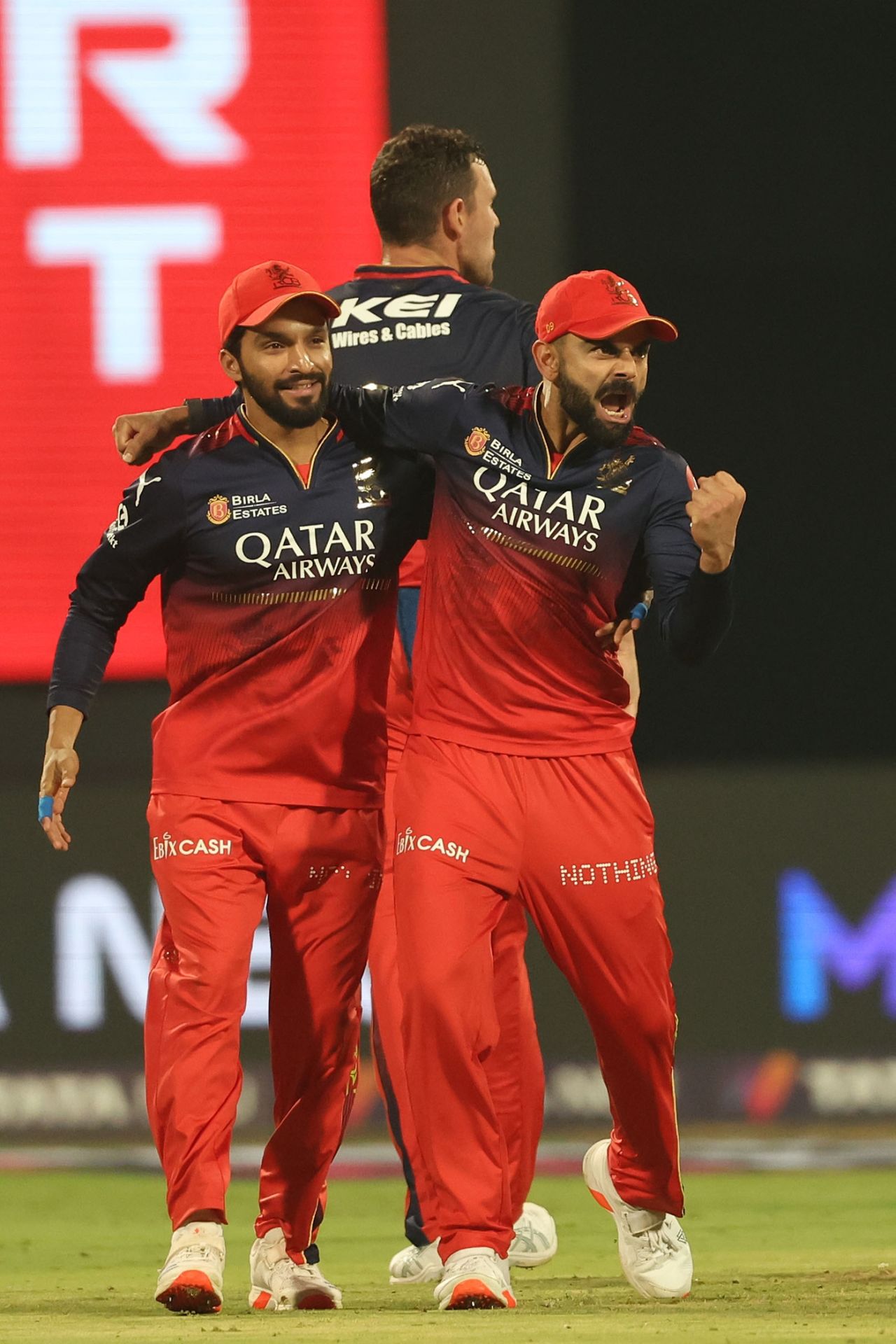 A fired-up Virat Kohli celebrates the wicket of Shreyas Iyer with Rajat Patidar, Royal Challengers Bengaluru vs Punjab Kings, IPL 2025, Bengaluru, April 18, 2025