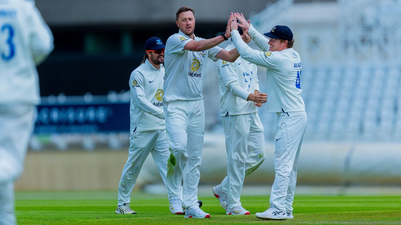 Ollie Robinson celebrates a wicket for Sussex, Nottinghamshire vs Sussex, County Championship, Trent Bridge, April 26, 2025