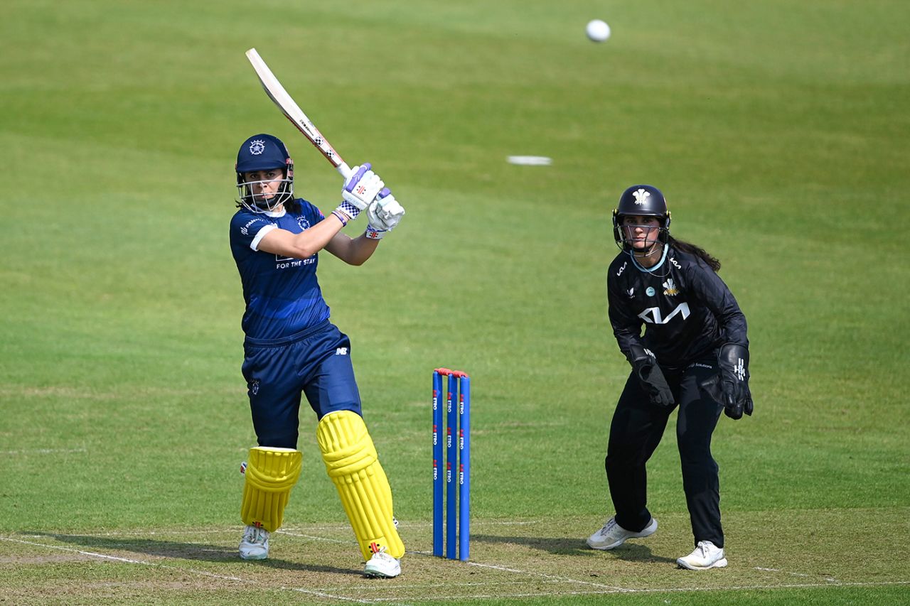 Maia Bouchier pulls during her half-century, Hampshire vs Somerset, Women's One-Day Cup, Utilita Bowl, April 27, 2025