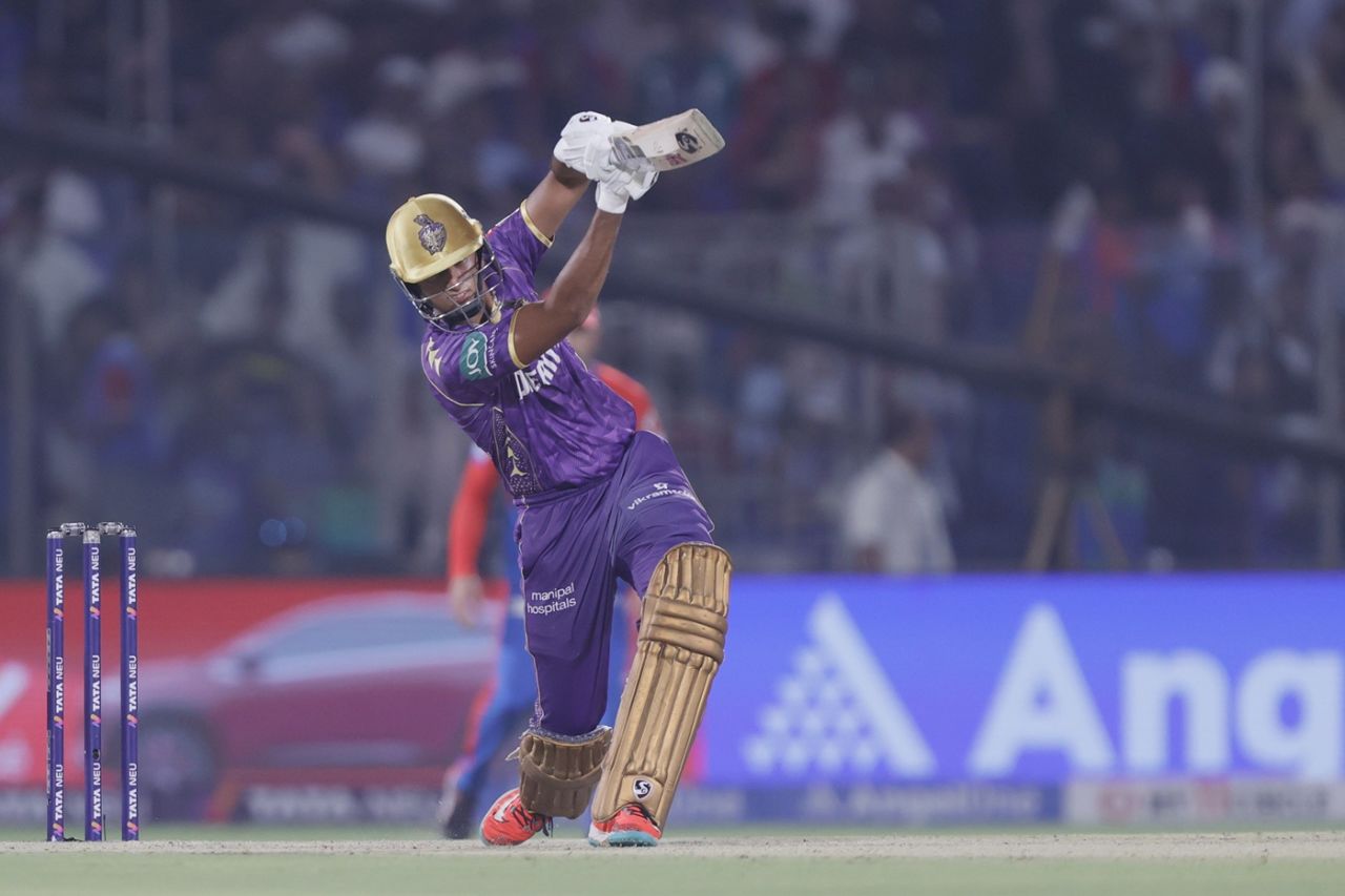 Angkrish Raghuvanshi hits down the ground, Delhi Capitals vs Kolkata Knight Riders, IPL 2025, Delhi, April 29, 2025