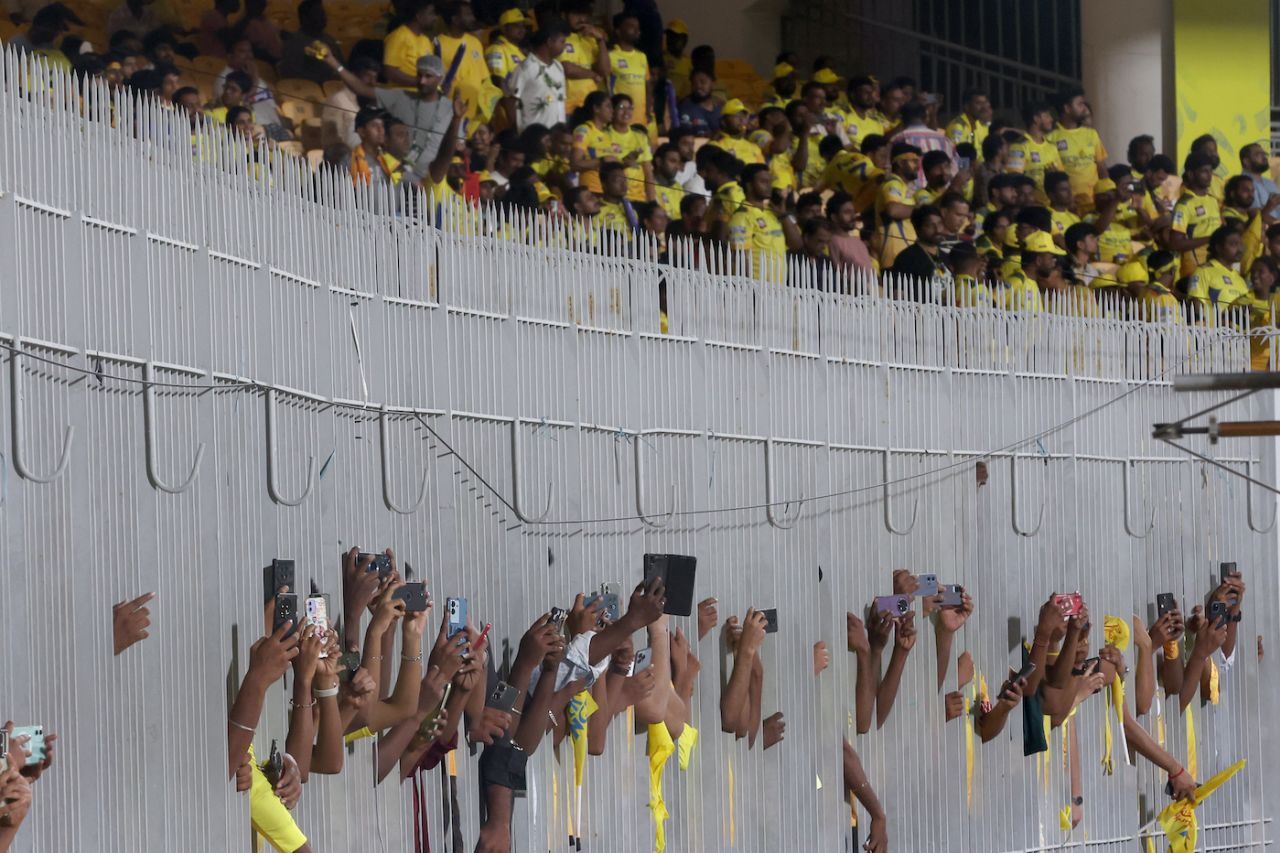 Fans get their smartphones out of the fence to get a snap of MS Dhoni, Chennai Super Kings vs Punjab Kings, IPL 2025, Chennai, April 30, 2025