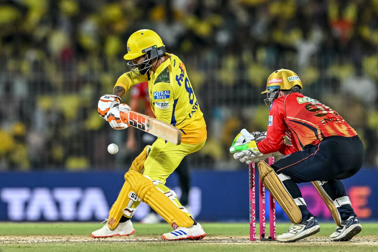 Ravindra Jadeja got two fours off the cut before nicking a third attempt to Josh Inglis, Chennai Super Kings vs Punjab Kings, IPL 2025, Chennai, April 30, 2025