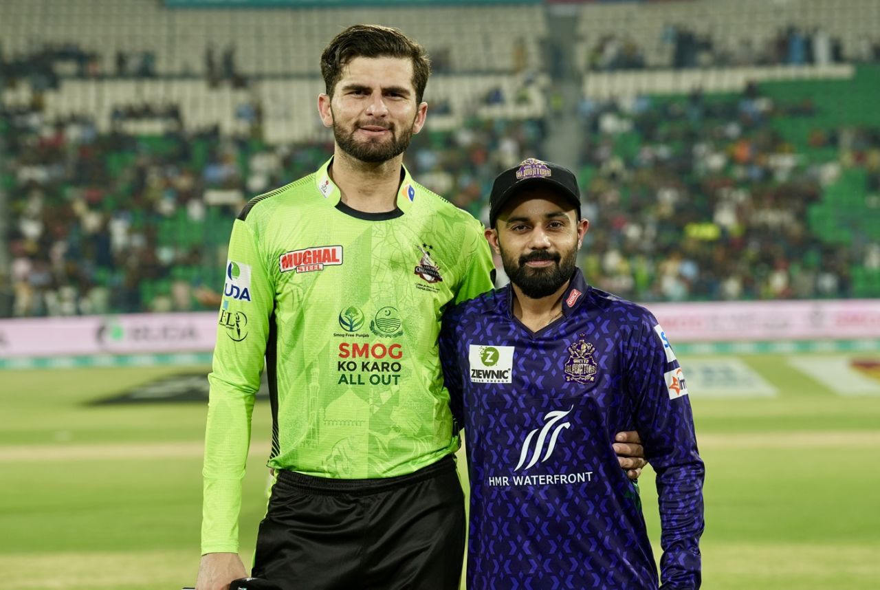 Shaheen Shah Afridi and Saud Shakeel pose at the toss, Lahore Qalandars vs Quetta Gladiators, PSL, Lahore, May 1, 2025