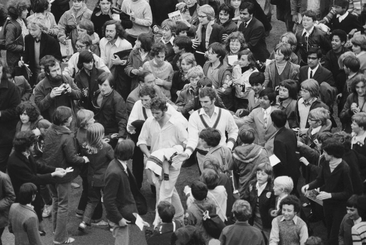Bob Massie is mobbed after his record-breaking 16-wicket match haul, England v Australia, second Test, Lord's, June 23 1972