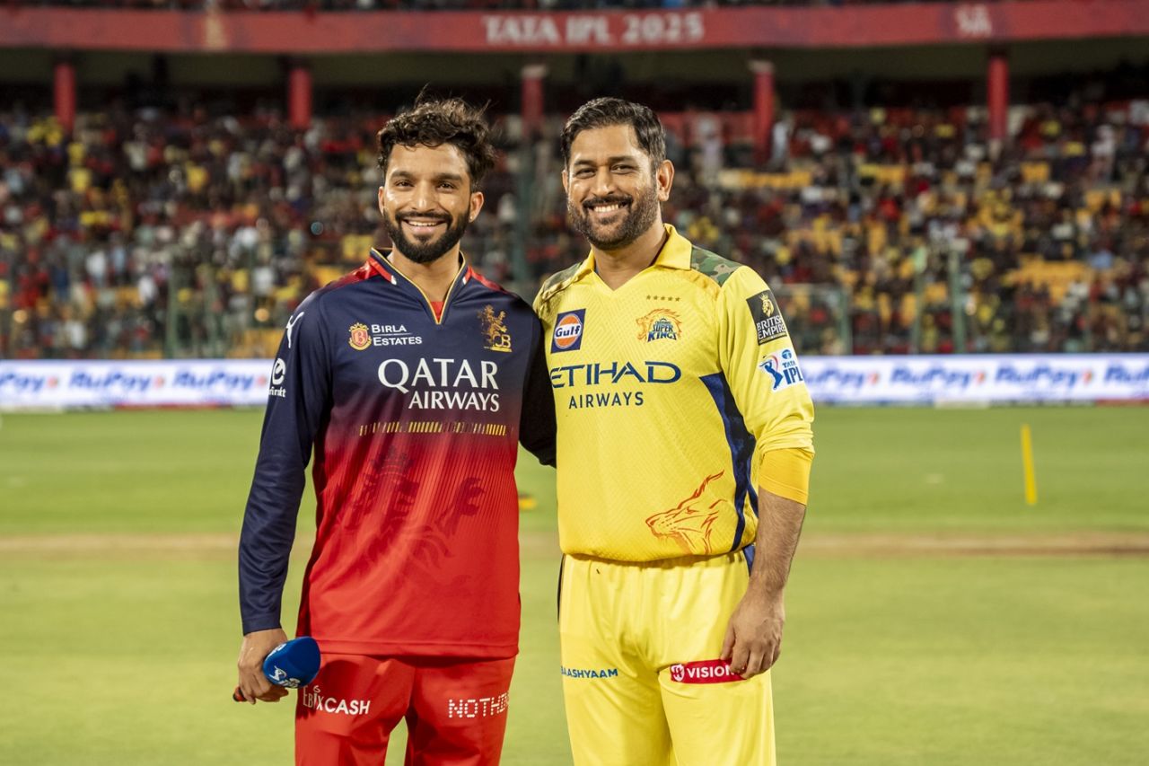 MS Dhoni and Rajat Patidar at the toss, Royal Challengers Bengaluru vs Chennai Super Kings, IPL 2025, Bengaluru, May 3, 2025
