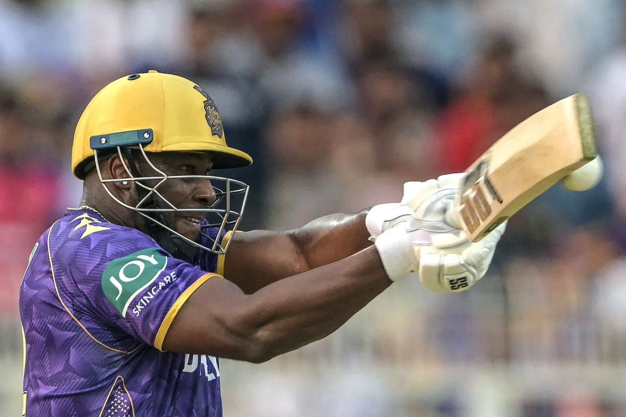 Andre Russell gives the ball a thump, Kolkata Knight Riders vs Rajasthan Royals, IPL 2025, Kolkata, May 4, 2025