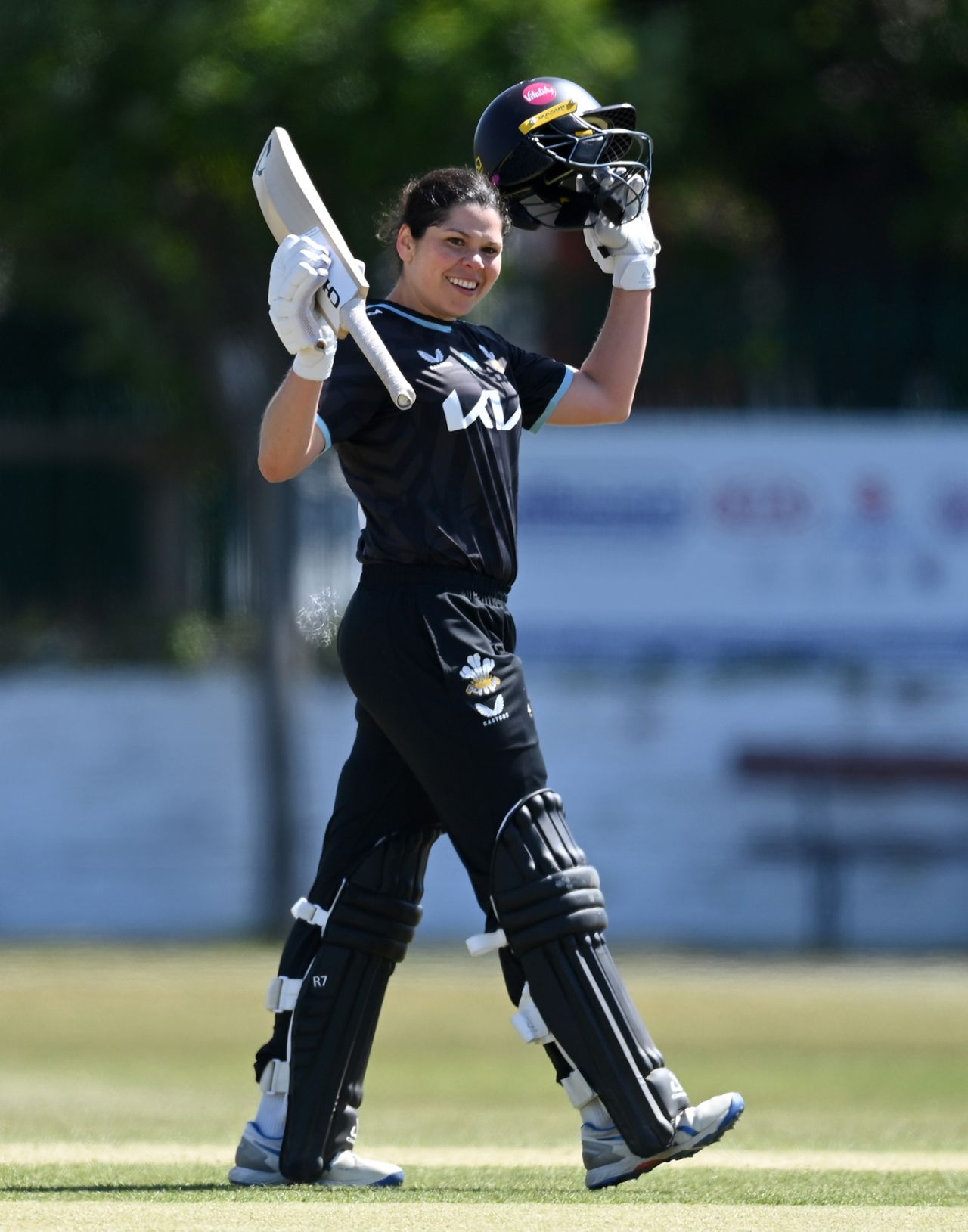 Alice Davidson-Richards celebrates reaching her century, Metro Bank One Day Cup, Lancashire Women vs Surrey Women, Southport, May 07, 2025