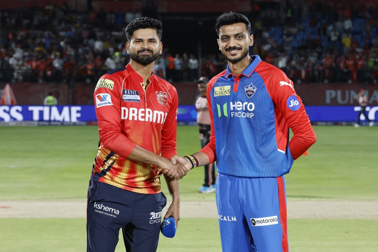 Shreyas Iyer and Axar Patel exchange handshakes at the toss, Punjab Kings vs Delhi Capitals, IPL 2025, Dharamsala, May 8, 2025