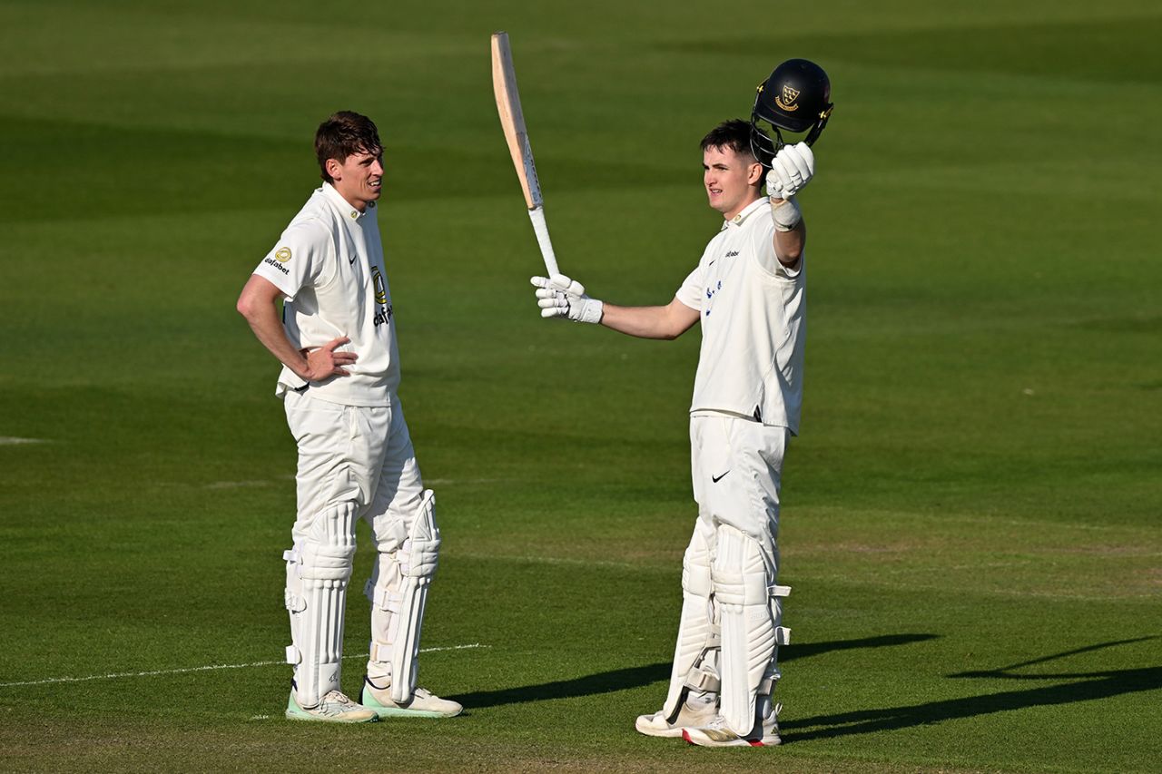 Jack Carson celebrates after reaching his century, Sussex vs Worcestershire, County Championship, Hove, May 9, 2025
