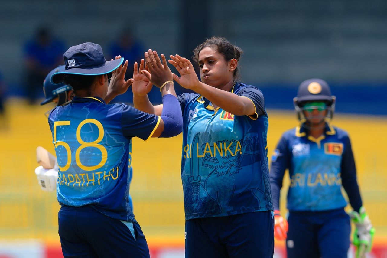 A relieved Dewmi Vihanga celebrates after seeing the back of Smriti Mandhana, India vs Sri Lanka, women's tri-series, final, Colombo, May 11, 2025