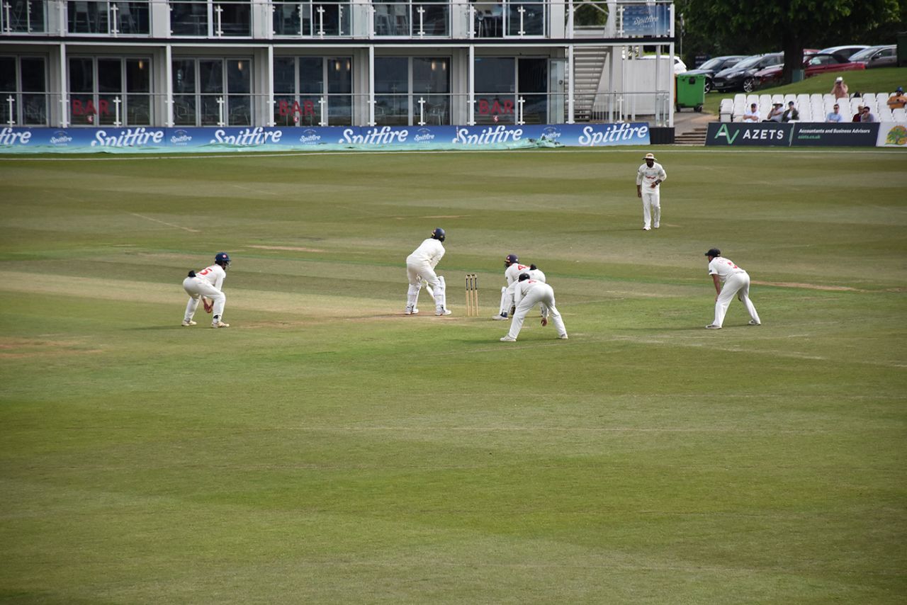 Glamorgan fielders crowd Kashif Ali as they close in on victory, County Championship, Division Two, Kent vs Glamorgan, Canterbury, May 11, 2025